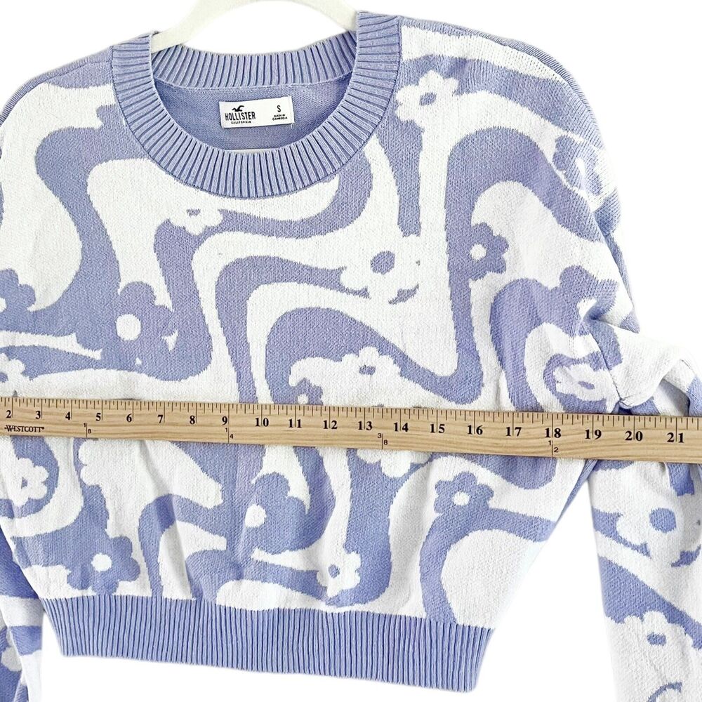 Hollister Purple Cropped Pullover S Groovy Hippie Sweater White Floral Waves - Picture 5 of 8